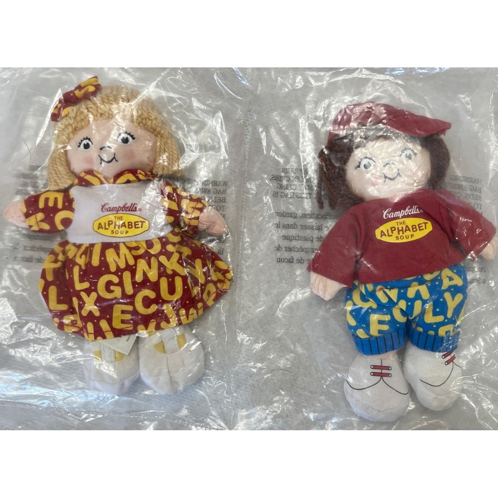 Vintage 2001 Campbells Soup Kids Alphabet Soup Boy & Girl 7" Plush Dolls ~ New